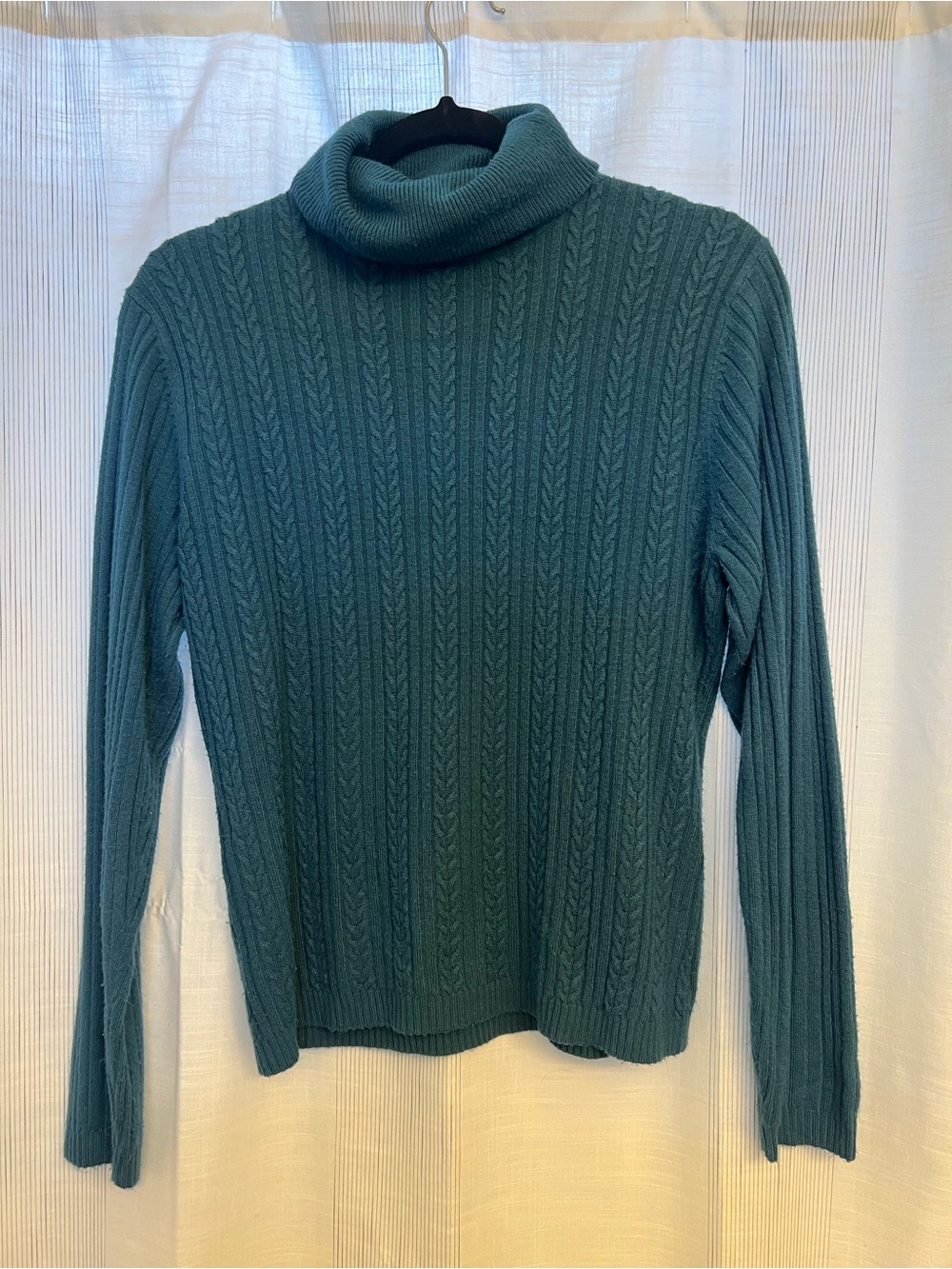 Blue-Green turtleneck, love the hue of this piece!